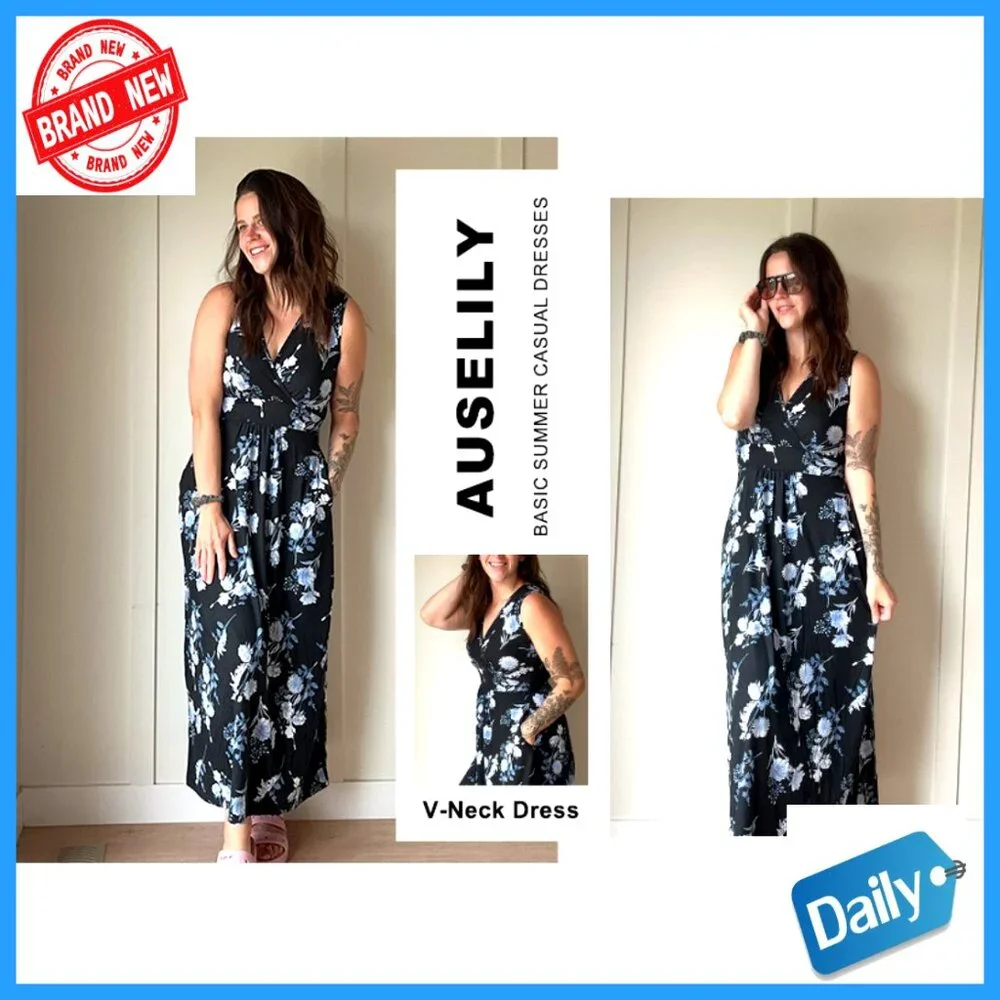 Sleeveless Maxi Dress with Pockets, V-Neck, Wrap Style, Loose Fit - Picture 5 of 7